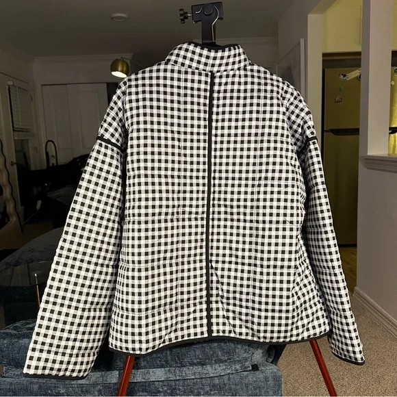 Yeokou Women's Cropped Puffer/Quilted Lightweight Jacket in Black White Gingham - Picture 2 of 11